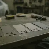 Papiery ścierne P80, P120, P240, P20, P40 leżą na stole warsztatowym, gotowe do szlifowania podkładu epoksydowego.