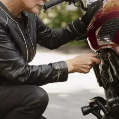 Kobieta w skórzanej kurtce sprawdza, ile pali motocykl, dotykając kluczyka zapłonu.
