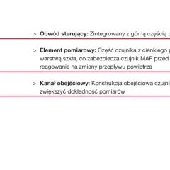 Schemat przepływomierza MAF: obwód sterujący, element pomiarowy z drutem platynowym i kanał obejściowy. Objawy uszkodzenia mogą być różne.