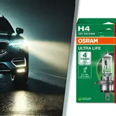 Ciemny samochód z włączonymi światłami drogowymi na mokrej drodze. Obok opakowania żarówek OSRAM H4: Ultra Life, Night Breaker, Cool Blue Intense.