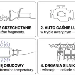 Jak sprawdzić katalizator w benzynie: metaliczne grzechotanie, gaśnięcie auta, żarzenie obudowy, drgania silnika.