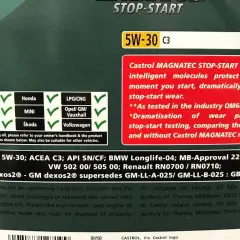 Klasyfikacja olejów silnikowych: tabela marek (BMW, Honda, VW, Opel) i specyfikacji (SAE 5W-30, ACEA C3) dla oleju Castrol MAGNATEC.