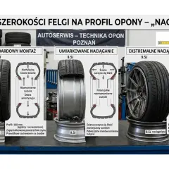 Porównanie budowy opony radialnej na felgach 7.5J, 8.5J i 9.5J. Pokazuje wpływ szerokości felgi na profil opony i jej zachowanie.
