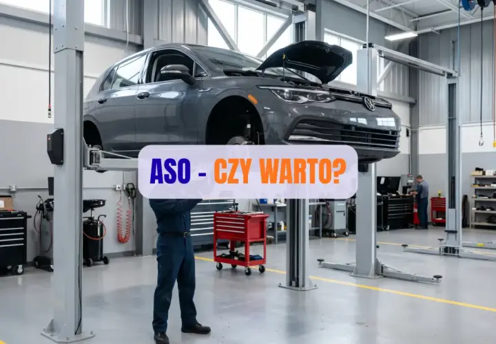 Mechanik pracuje pod samochodem na podnośniku w warsztacie. Napis "ASO - CZY WARTO?" sugeruje dyskusję o serwisach autoryzowanych.