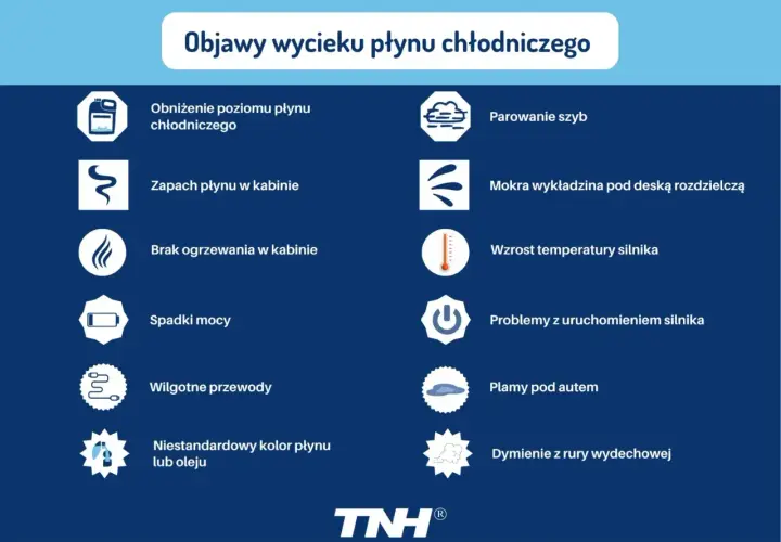 Objawy wycieku płynu chłodniczego: niski poziom, zapach w kabinie, parowanie szyb, mokra wykładzina, wzrost temperatury silnika, spadki mocy, plamy pod autem, dymienie.