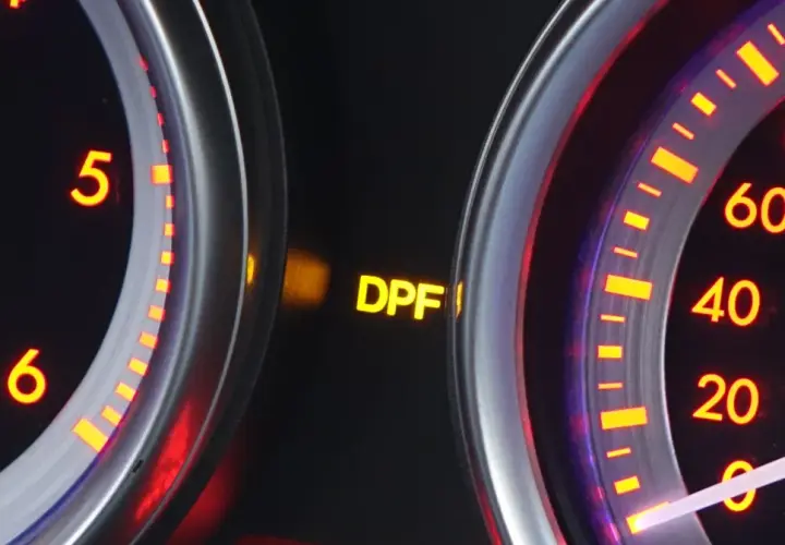 Na desce rozdzielczej świeci się żółta kontrolka DPF, sygnalizując zapchany filtr cząstek stałych.