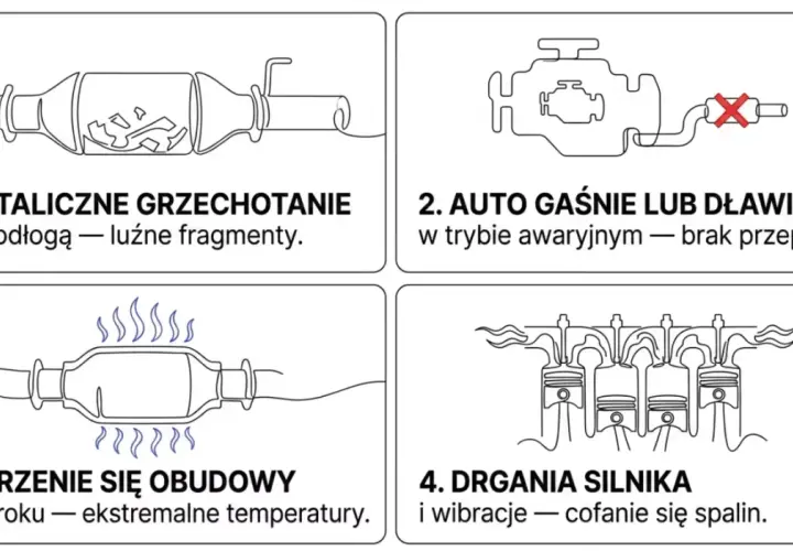Jak sprawdzić katalizator w benzynie: metaliczne grzechotanie, gaśnięcie auta, żarzenie obudowy, drgania silnika.