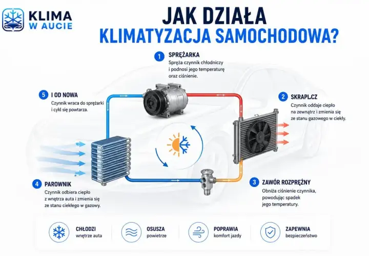 Schemat działania klimatyzacji samochodowej. Dowiedz się, jak działa samodzielne nabijanie klimatyzacji i ciesz się chłodem.
