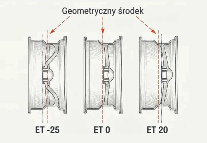 Ilustracja pokazuje, co oznacza et felgi: ET -25, ET 0 i ET 20. Różne wartości ET wpływają na położenie felgi względem piasty.