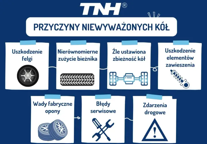 Przyczyny niewyważonych kół: uszkodzenie felgi, nierównomierne zużycie bieżnika, zła zbieżność, uszkodzone zawieszenie, wady opon, błędy serwisowe, zdarzenia drogowe.