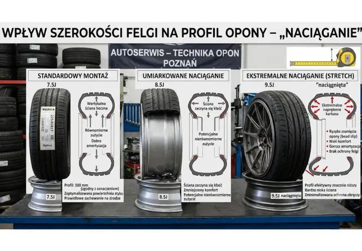 Porównanie budowy opony radialnej na felgach 7.5J, 8.5J i 9.5J. Pokazuje wpływ szerokości felgi na profil opony i jej zachowanie.