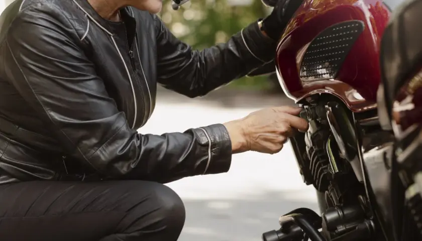Kobieta w skórzanej kurtce sprawdza, ile pali motocykl, dotykając kluczyka zapłonu.
