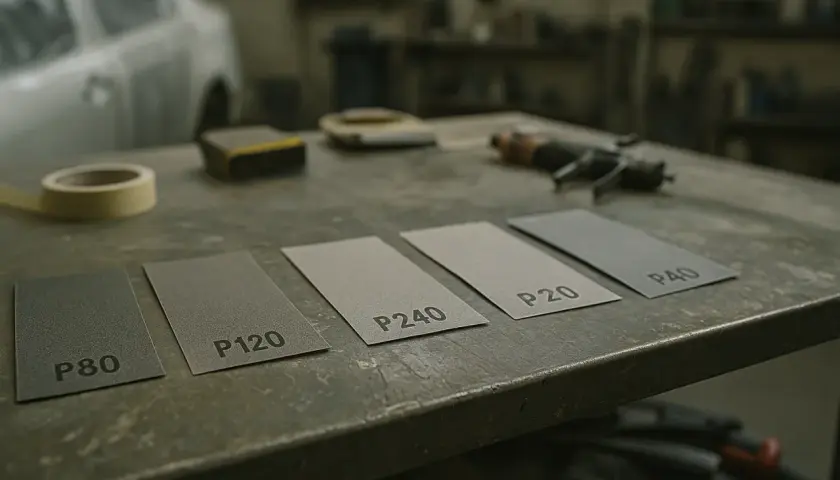 Papiery ścierne P80, P120, P240, P20, P40 leżą na stole warsztatowym, gotowe do szlifowania podkładu epoksydowego.