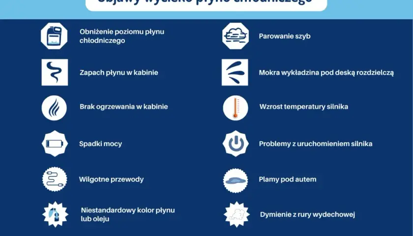 Objawy wycieku płynu chłodniczego: niski poziom, zapach w kabinie, parowanie szyb, mokra wykładzina, wzrost temperatury silnika, spadki mocy, plamy pod autem, dymienie.