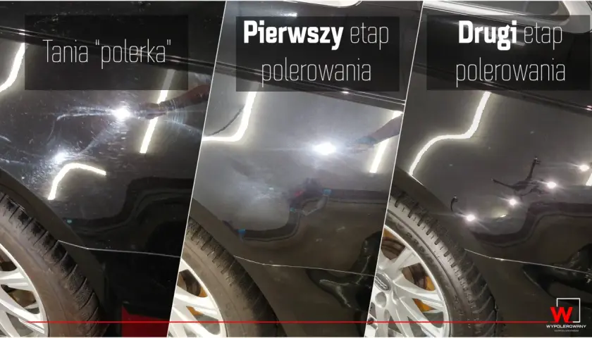 Trzy etapy polerowania lakieru: tania polerka zostawia hologramy, pierwszy etap usuwa rysy, a drugi etap daje lustrzany efekt.