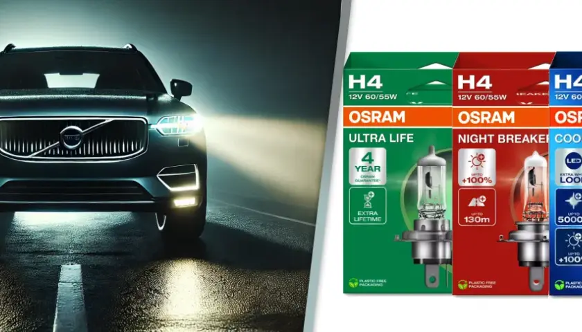 Ciemny samochód z włączonymi światłami drogowymi na mokrej drodze. Obok opakowania żarówek OSRAM H4: Ultra Life, Night Breaker, Cool Blue Intense.