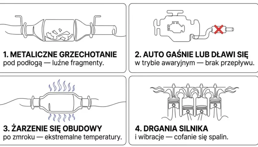 Jak sprawdzić katalizator w benzynie: metaliczne grzechotanie, gaśnięcie auta, żarzenie obudowy, drgania silnika.