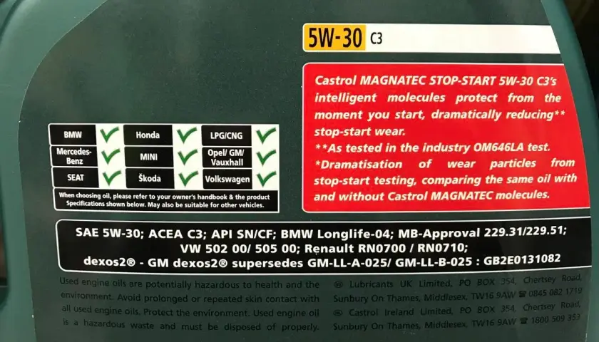 Klasyfikacja olejów silnikowych: tabela marek (BMW, Honda, VW, Opel) i specyfikacji (SAE 5W-30, ACEA C3) dla oleju Castrol MAGNATEC.