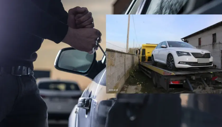 Ręce próbujące włamać się do samochodu, obok biały pojazd na lawecie. Zatrzymanie kradzieży samochodu.
