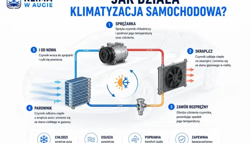 Schemat działania klimatyzacji samochodowej. Dowiedz się, jak działa samodzielne nabijanie klimatyzacji i ciesz się chłodem.