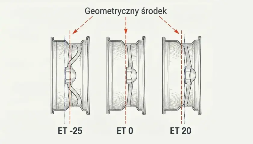 Ilustracja pokazuje, co oznacza et felgi: ET -25, ET 0 i ET 20. Różne wartości ET wpływają na położenie felgi względem piasty.