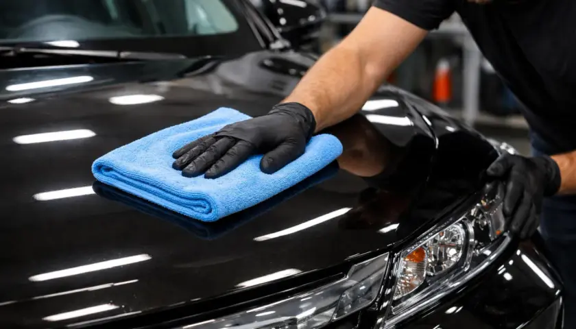 Ręka w czarnej rękawiczce poleruje czarny lakier auta niebieską mikrofibrą. Czy po woskowaniu płukać auto? To pytanie zadaje sobie wielu kierowców.