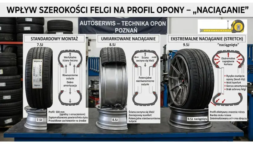 Porównanie budowy opony radialnej na felgach 7.5J, 8.5J i 9.5J. Pokazuje wpływ szerokości felgi na profil opony i jej zachowanie.
