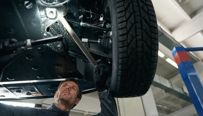 Mechanik bada podwozie auta, szukając przyczyny stukania w kole. Używa latarki, by dokładnie obejrzeć elementy zawieszenia.