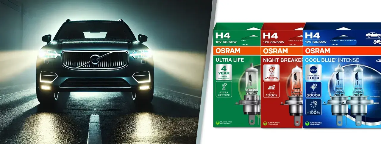 Ciemny samochód z włączonymi światłami drogowymi na mokrej drodze. Obok opakowania żarówek OSRAM H4: Ultra Life, Night Breaker, Cool Blue Intense.
