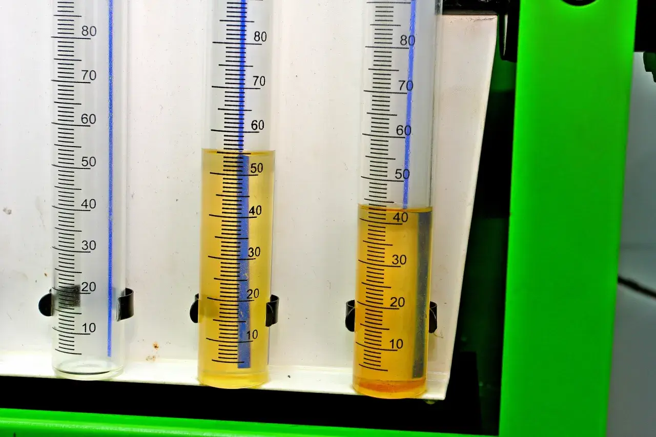 Trzy menzurki z podziałką. W dwóch widoczny żółty płyn, prawdopodobnie paliwo w oleju diesel, na poziomie ok. 50 i 40 ml.