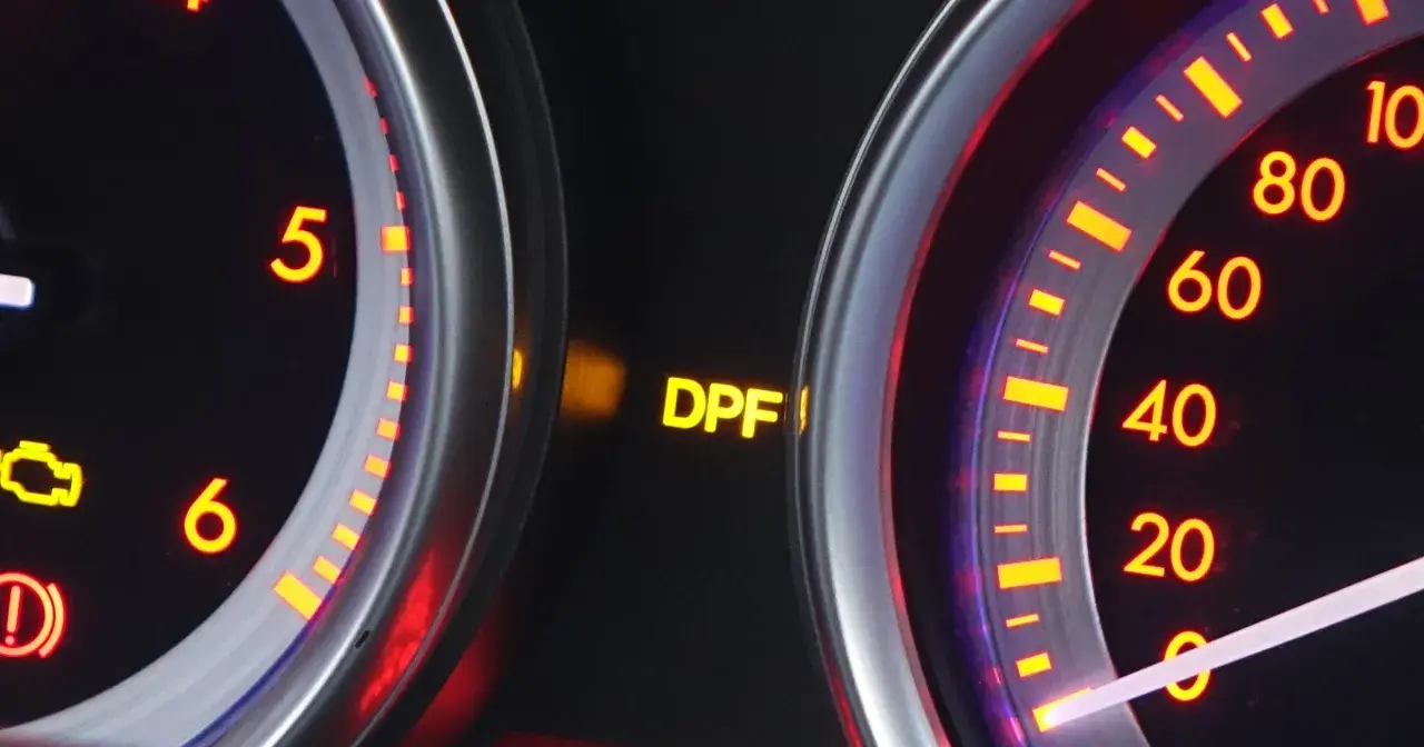 Na desce rozdzielczej świeci się żółta kontrolka DPF, sygnalizując zapchany filtr cząstek stałych.