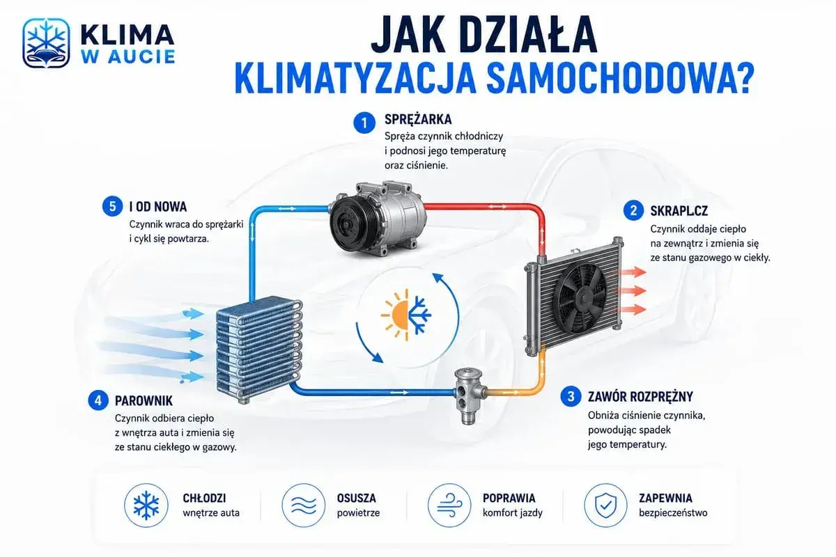 Schemat działania klimatyzacji samochodowej. Dowiedz się, jak działa samodzielne nabijanie klimatyzacji i ciesz się chłodem.