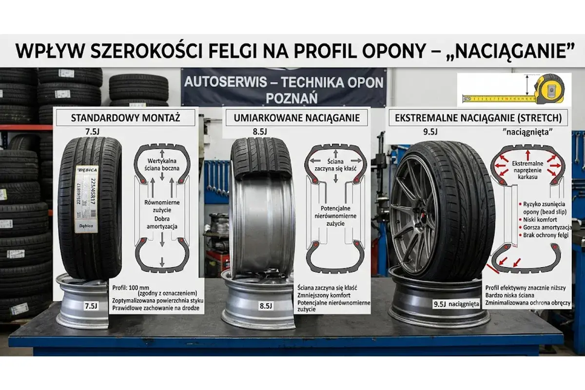 Porównanie budowy opony radialnej na felgach 7.5J, 8.5J i 9.5J. Pokazuje wpływ szerokości felgi na profil opony i jej zachowanie.