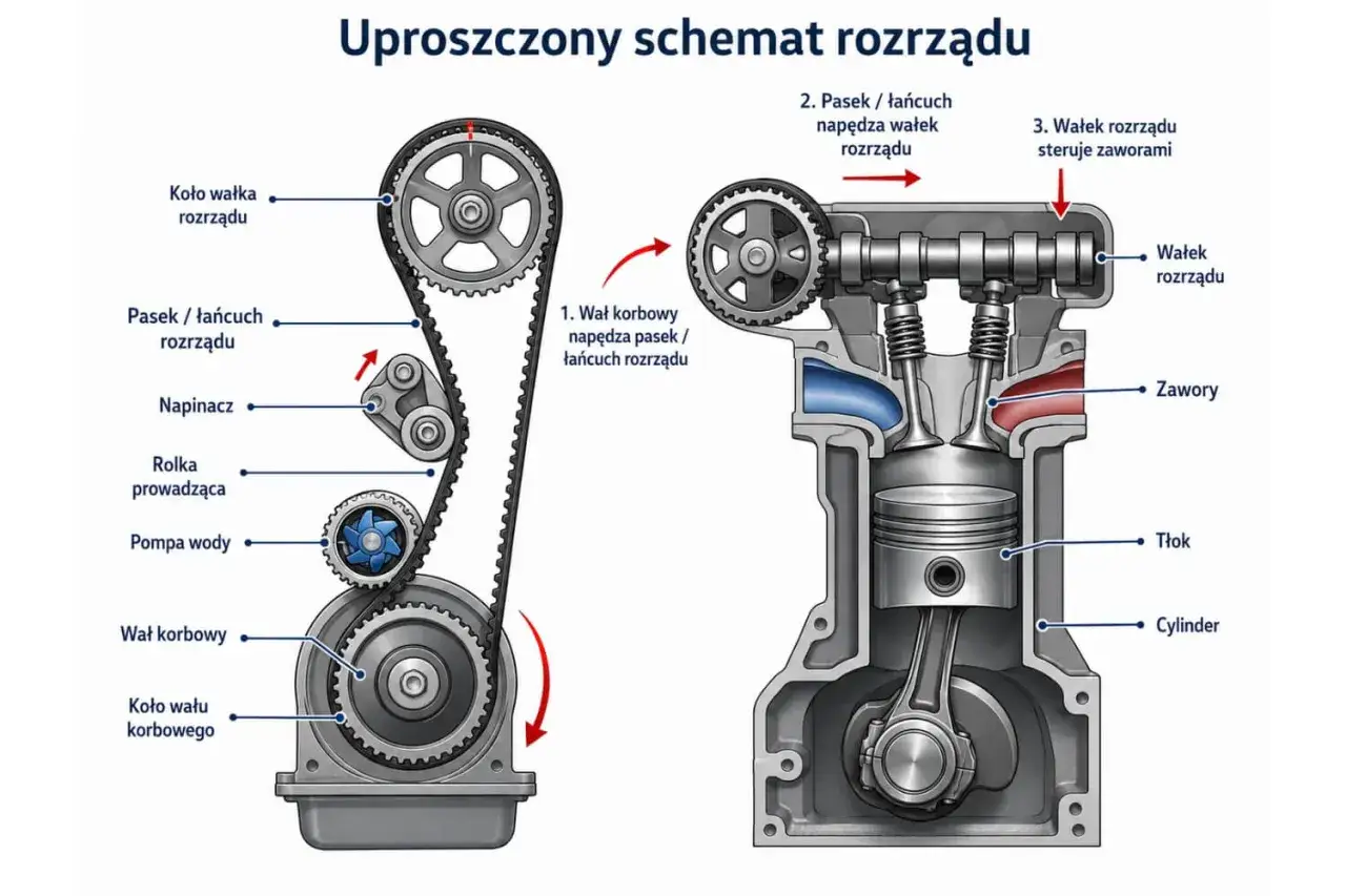 Schemat rozrządu silnika: wał korbowy napędza pasek, który obraca wałek rozrządu sterujący zaworami. Po wymianie rozrządu, prawidłowe działanie jest kluczowe.