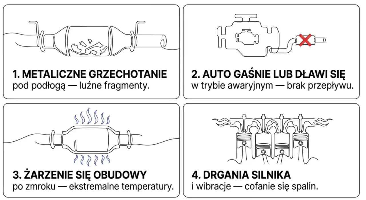 Objawy zapchanego katalizatora: grzechotanie, gaśnięcie auta, żarząca się obudowa, drgania silnika.