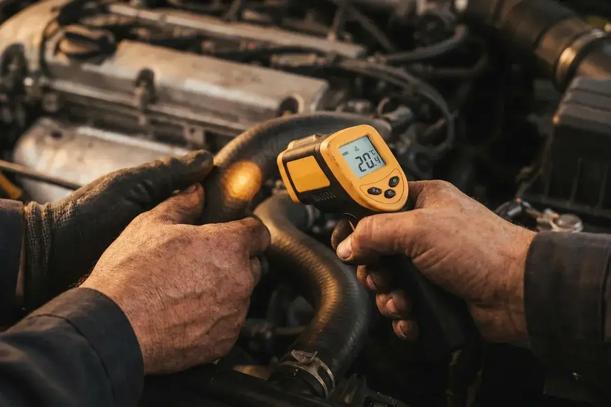 Mechanik mierzy temperaturę węża chłodnicy, sprawdzając, czy nie zbliża się do temperatury wrzenia benzyny.