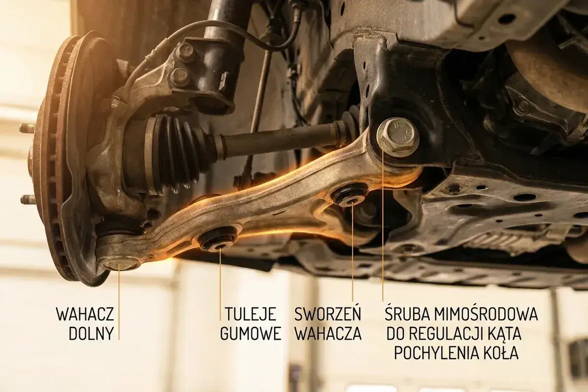 Elementy zawieszenia samochodu, w tym śruba mimośrodowa do regulacji kąta pochylenia koła. Zły kąt pochylenia koła objawy mogą być widoczne na tym elemencie.