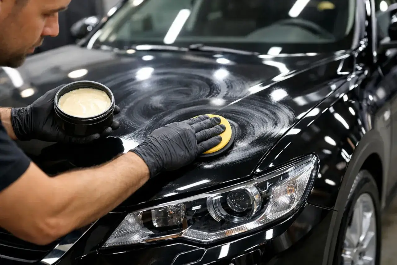 Detailer nakłada wosk na czarny lakier samochodu. Po woskowaniu auto się płucze, by uzyskać idealny połysk.