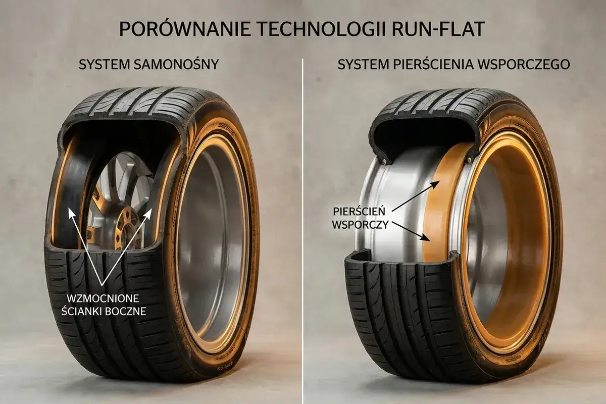 Porównanie technologii runflat: system samonośny ze wzmocnionymi ściankami bocznymi i system pierścienia wsporczego.