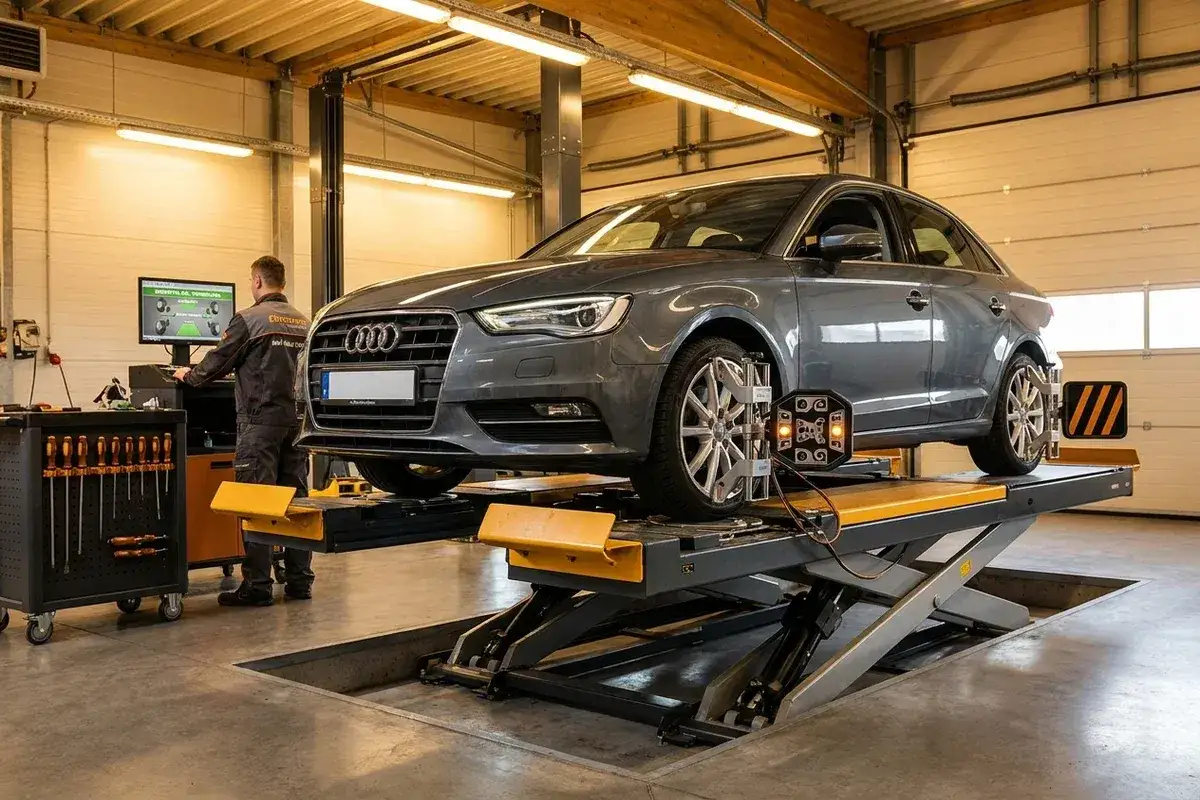 Mechanik sprawdza geometrię kół Audi na podnośniku. Urządzenie mierzy kąty ustawienia kół, by zapewnić prawidłowe prowadzenie pojazdu.