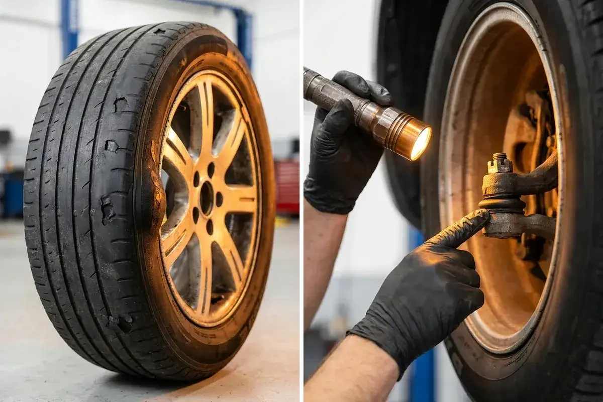 Uszkodzona opona i mechanik sprawdzający przegub. To może być przyczyną stukania w kole.
