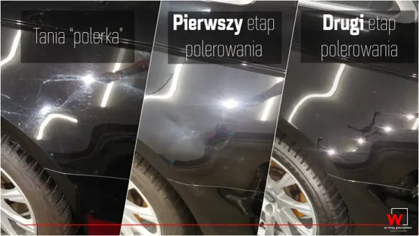 Trzy etapy polerowania lakieru: tania polerka zostawia hologramy, pierwszy etap usuwa rysy, a drugi etap daje lustrzany efekt.